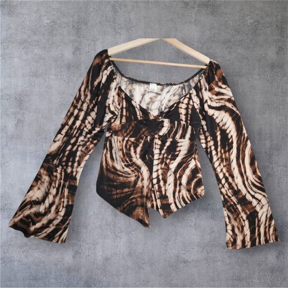 Bluebell Brown Swirl Print Mesh Top – Size 1X – Y2K Inspired Bell Sleeve Knot - Picture 1 of 14